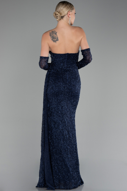 Abendkleid Lang Perlenbesetzt Marineblau ABU4163