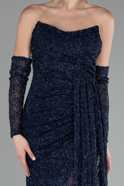 Abendkleid Lang Perlenbesetzt Marineblau ABU4163