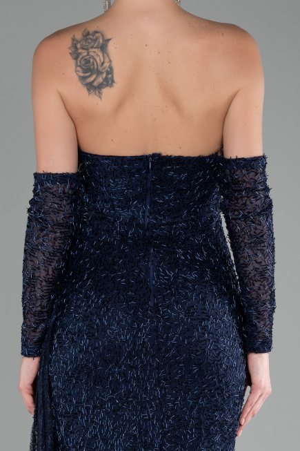 Abendkleid Lang Perlenbesetzt Marineblau ABU4163