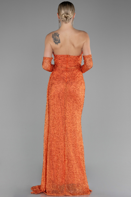 Abendkleid Lang Perlenbesetzt Orange ABU4163