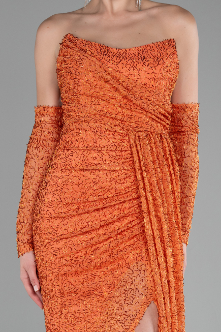Abendkleid Lang Perlenbesetzt Orange ABU4163