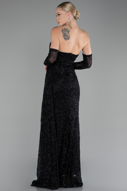 Abendkleid Lang Perlenbesetzt Schwarz ABU4163
