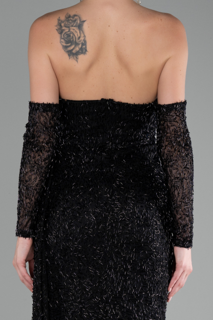 Abendkleid Lang Perlenbesetzt Schwarz ABU4163