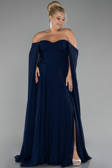 Kleider in Großen Größen Lang Chiffon Marineblau ABU4161