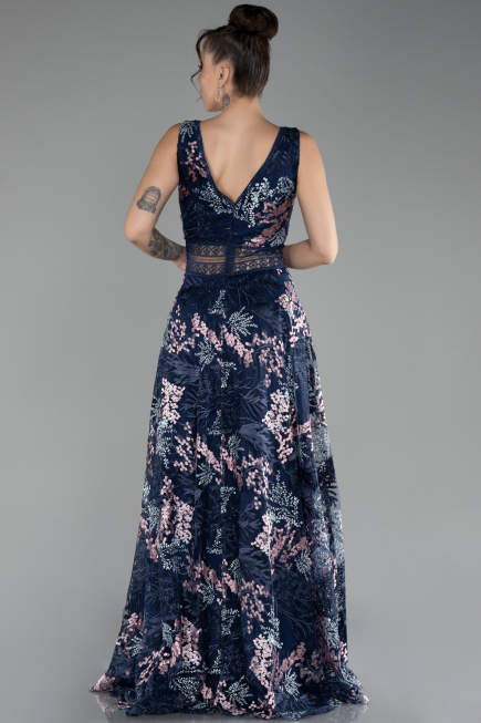 Abendkleid Lang Guipure Spitze Marineblau ABU4244