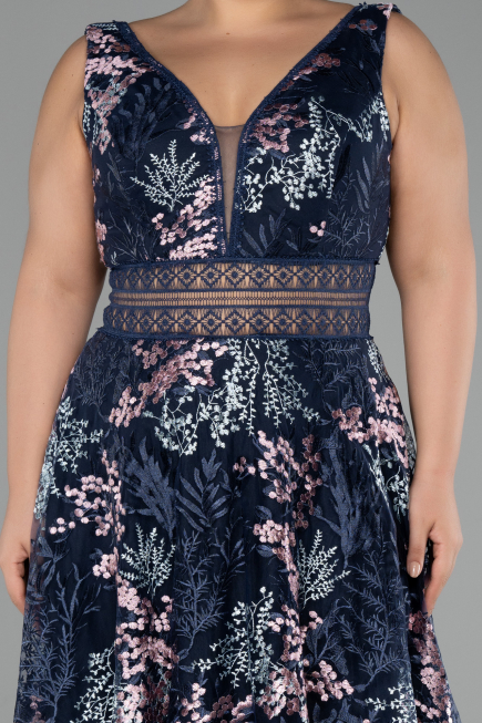 Abendkleid in Übergröße Lang Guipure Spitze Marineblau ABU4261