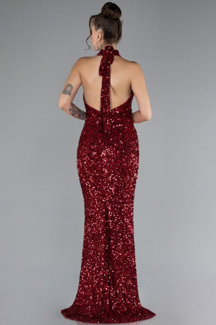 Abendkleid im Meerjungfrau-Stil Lang Schuppig Weinrot ABU4306