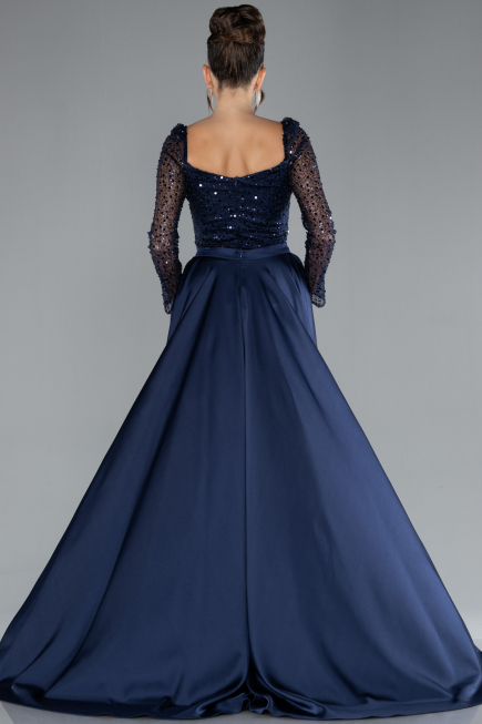 Abendkleid im Meerjungfrau-Stil Lang Satin Marineblau ABU4332