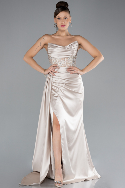 Beige Abendkleid Satin Lang ABU4287