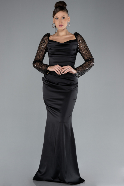 Abendkleid im Meerjungfrau-Stil Lang Satin Schwarz ABU4332