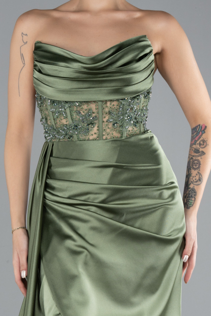 Khaki Abendkleid Satin Lang ABU4366