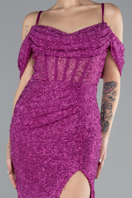 Abendkleid Lang Perlenbesetzt Fuchsie ABU4394