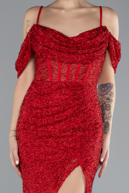 Abendkleid Lang Perlenbesetzt Rot ABU4394