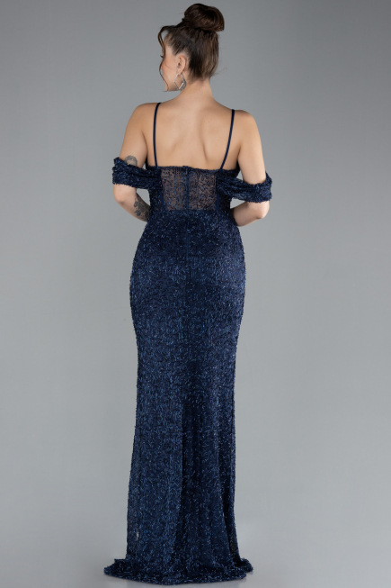 Abendkleid Lang Perlenbesetzt Marineblau ABU4394