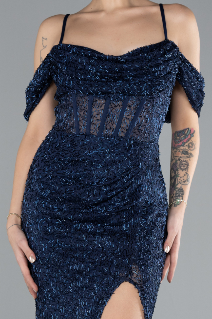 Abendkleid Lang Perlenbesetzt Marineblau ABU4394