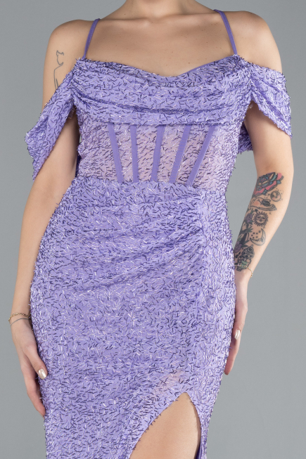 Abendkleid Lang Perlenbesetzt Lila ABU4394