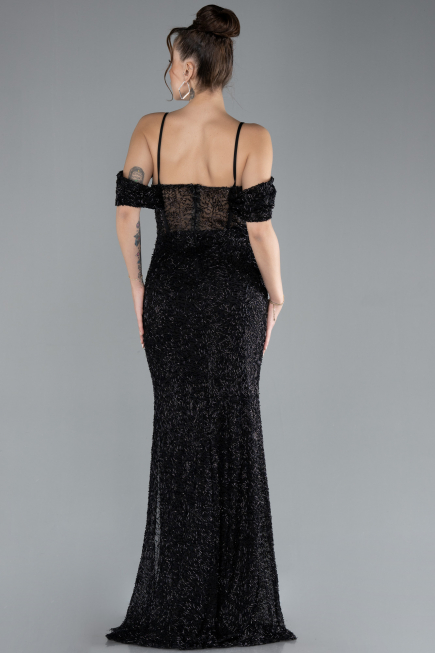 Abendkleid Lang Perlenbesetzt Schwarz ABU4394