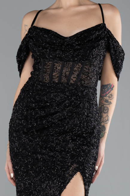 Abendkleid Lang Perlenbesetzt Schwarz ABU4394