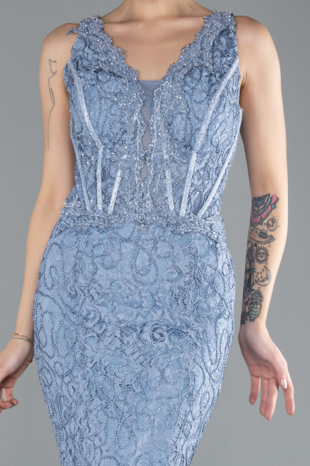 Abendkleid im Meerjungfrau-Stil Lang Guipure Spitze Indigo ABU4493