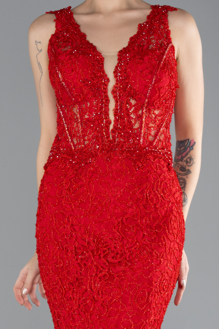 Abendkleid im Meerjungfrau-Stil Lang Guipure Spitze Rot ABU4493