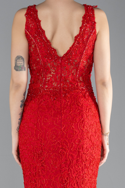 Abendkleid im Meerjungfrau-Stil Lang Guipure Spitze Rot ABU4493