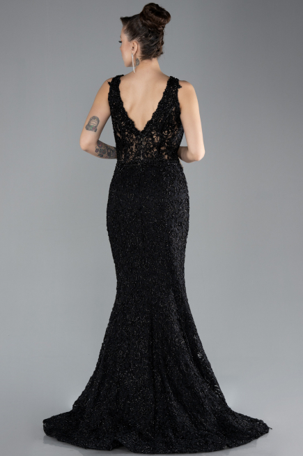 Abendkleid im Meerjungfrau-Stil Lang Guipure Spitze Schwarz ABU4493