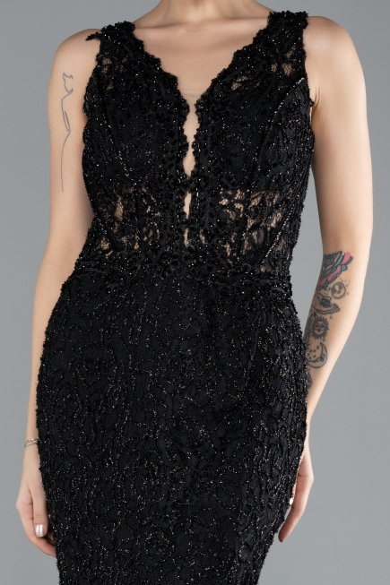 Abendkleid im Meerjungfrau-Stil Lang Guipure Spitze Schwarz ABU4493