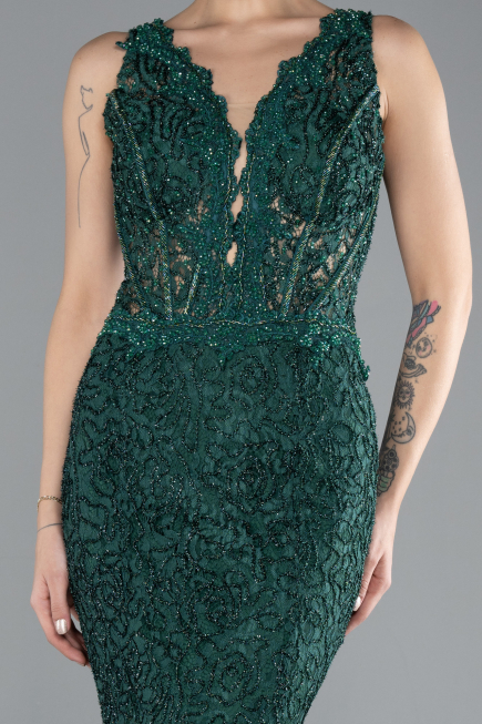 Abendkleid im Meerjungfrau-Stil Lang Guipure Spitze Smaragdgrün ABU4493