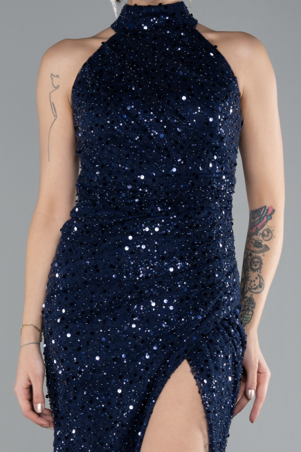 Abendkleid Lang Schuppig Marineblau ABU4376