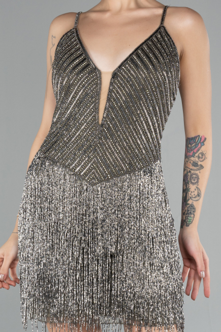 Designer Abendkleid Mini Steinbesetzt Anthrazit ABK2200