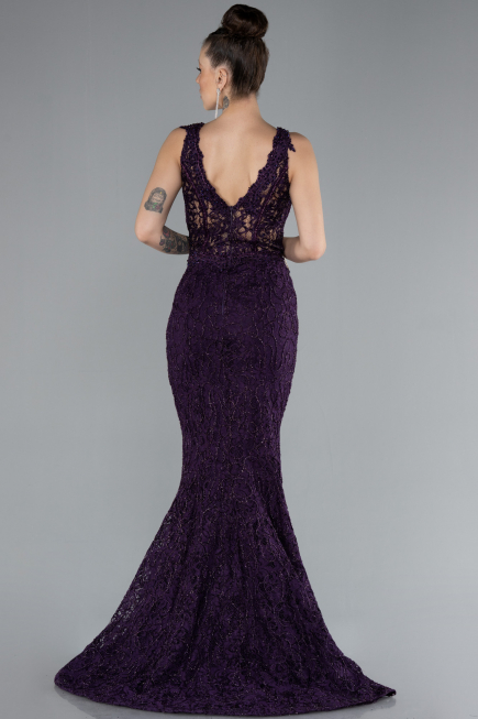 Abendkleid im Meerjungfrau-Stil Lang Guipure Spitze Violett dunkel ABU4493