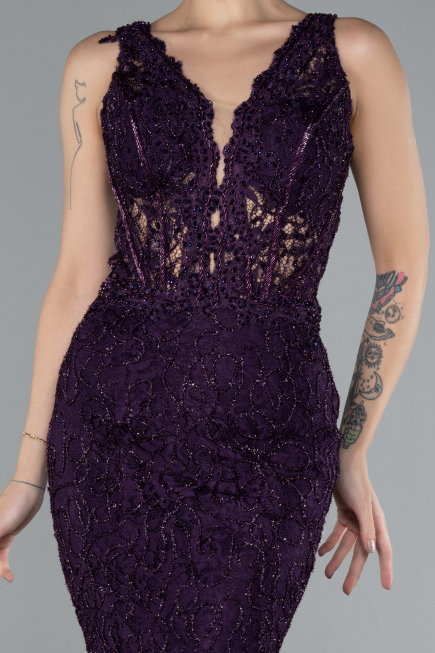 Abendkleid im Meerjungfrau-Stil Lang Guipure Spitze Violett dunkel ABU4493