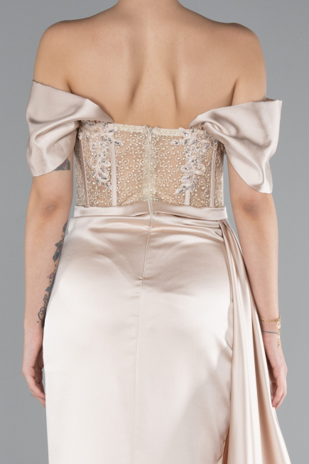 Beige Abendkleid Satin Lang ABU4424