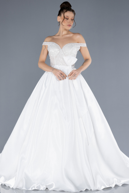 Hochzeitskleider Lang Satin Weiß ABU4578