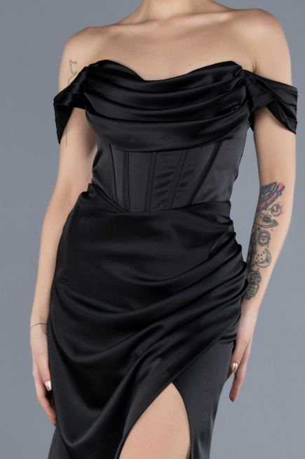 Abschlusskleid Lang Satin Schwarz ABU4582