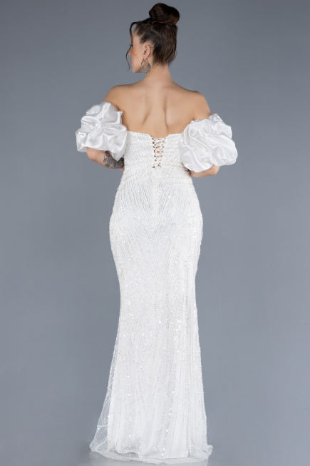 Abendkleid Lang Perlenbesetzt Weiß ABU4616