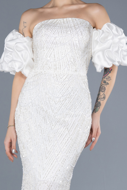 Abendkleid Lang Perlenbesetzt Weiß ABU4616