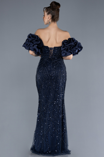 Abendkleid Lang Perlenbesetzt Marineblau ABU4616