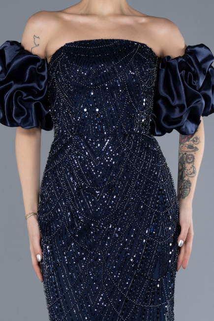 Abendkleid Lang Perlenbesetzt Marineblau ABU4616
