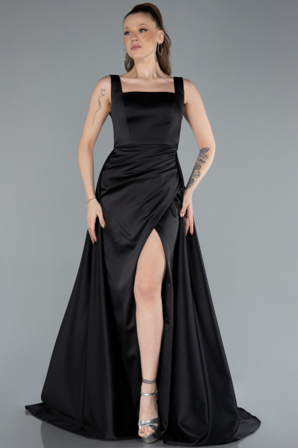 Abendkleid Lang Satin Schwarz ABU4715