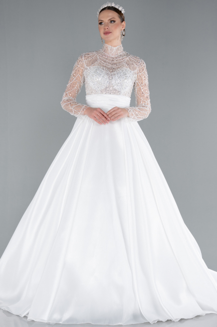 Hochzeitskleider Lang Satin Weiß ABU4249