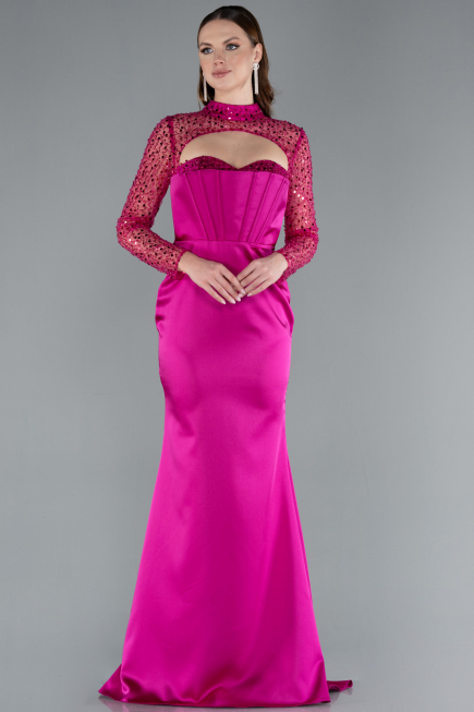 Abendkleid Lang Satin Fuchsie ABU4765