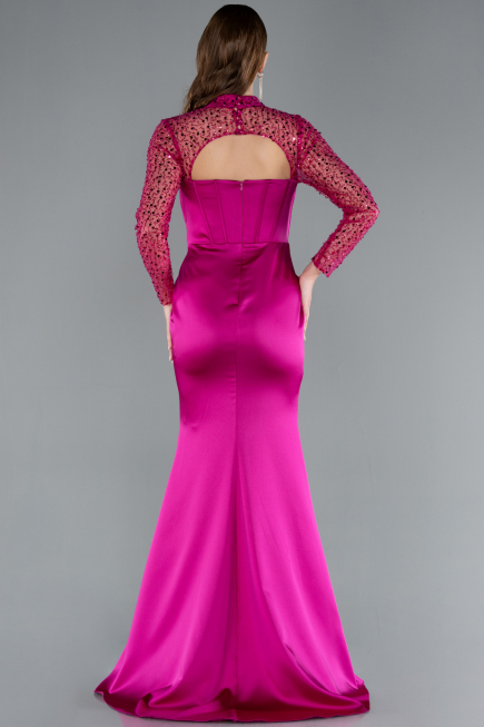 Abendkleid Lang Satin Fuchsie ABU4765