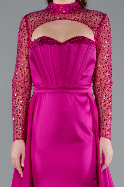 Abendkleid Lang Satin Fuchsie ABU4765