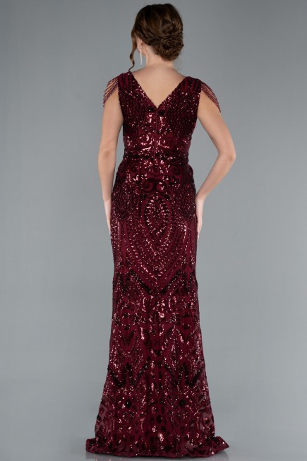 Abendkleid im Meerjungfrau-Stil Lang Schuppig Weinrot ABU3842