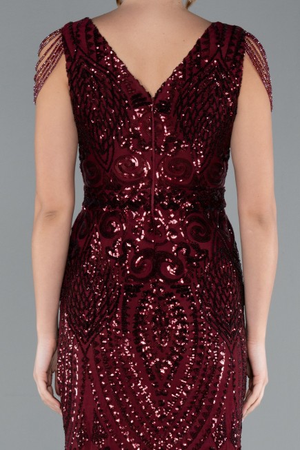 Abendkleid im Meerjungfrau-Stil Lang Schuppig Weinrot ABU3842