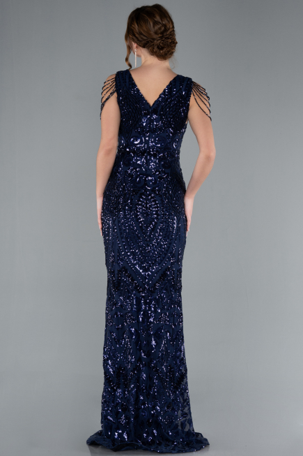 Abendkleid im Meerjungfrau-Stil Lang Schuppig Marineblau ABU3842