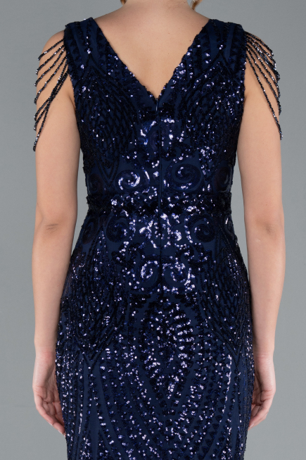 Abendkleid im Meerjungfrau-Stil Lang Schuppig Marineblau ABU3842