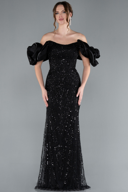 Schwarz Abendkleid İm Meerjungfrau-Stil Lang ABU4509