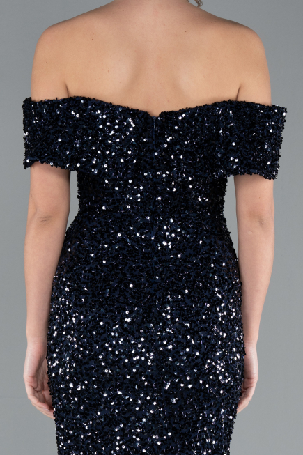 Abendkleid im Meerjungfrau-Stil Lang Schuppig Marineblau ABU4778